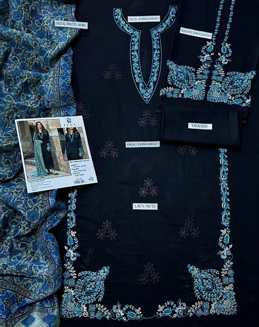 3 Pcs Women's Unstitched Embroidered Suit