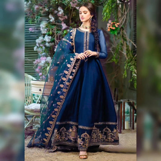 3 Pcs Women's Stitched Chiffon Embroidered Frock