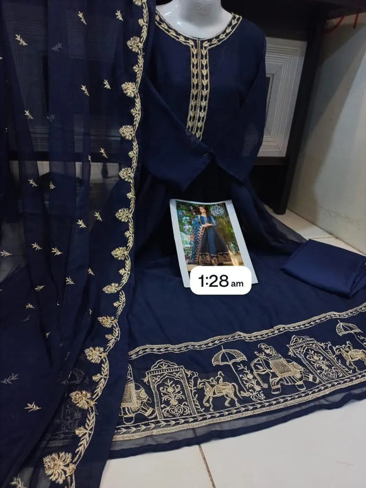 3 Pcs Women's Stitched Chiffon Embroidered Frock