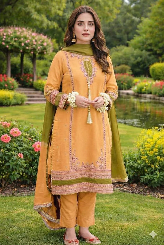 3 Pcs Women's Unstitched Embroidered Lawn Suit