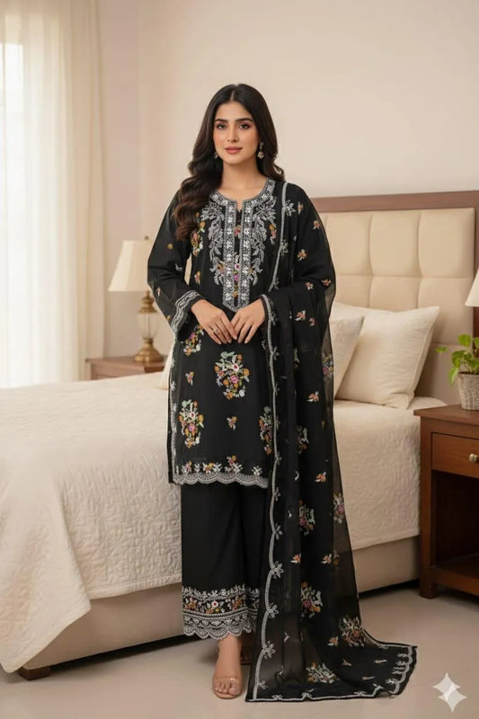 3 Pcs Women's Unstitched Embroidered Suit